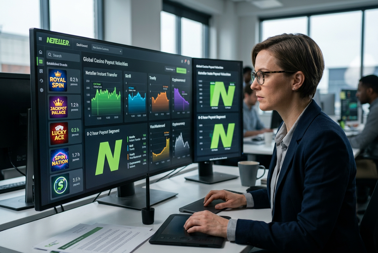 Odborník analyzuje rychlost plateb v kasinu na digitálním panelu s logem Neteller