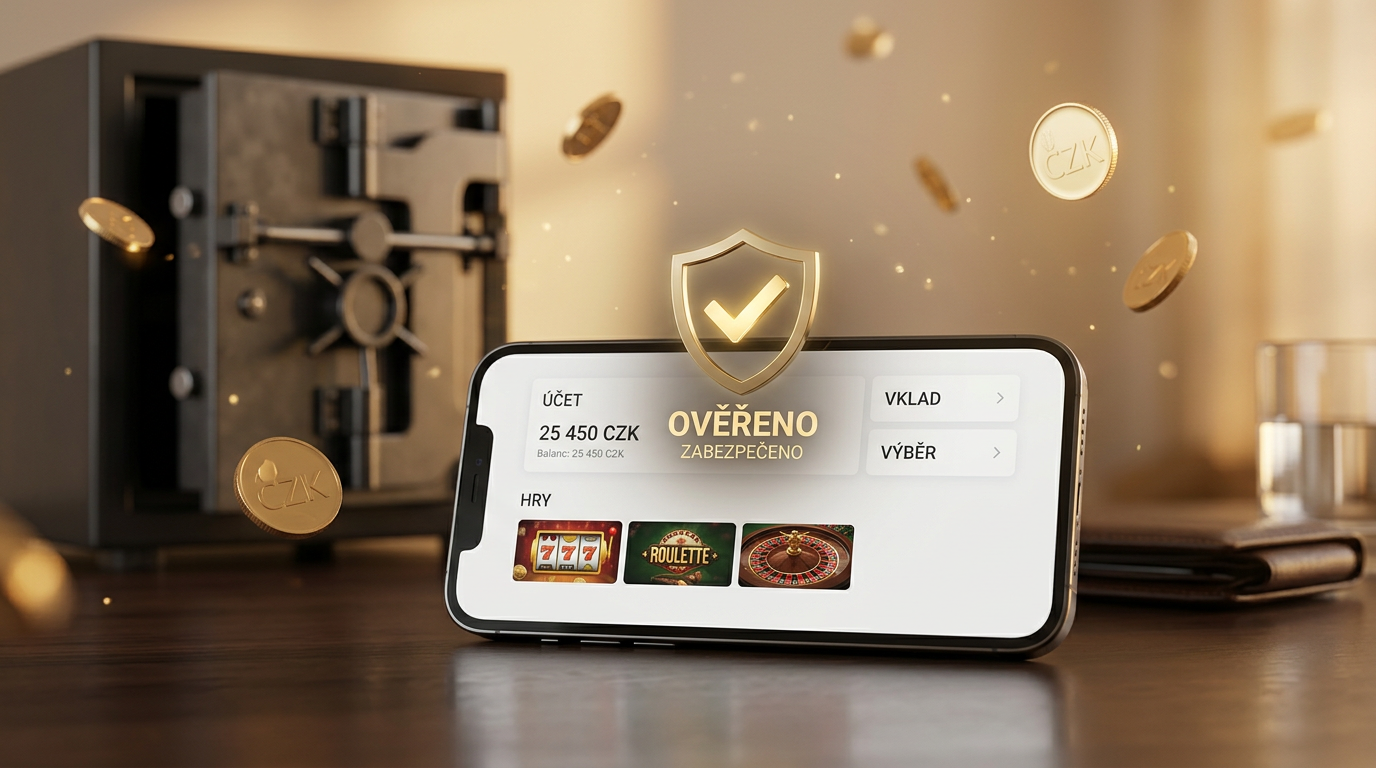 Detail chytrého telefonu se zlatou ikonou důvěryhodného online kasina a trezorem v pozadí