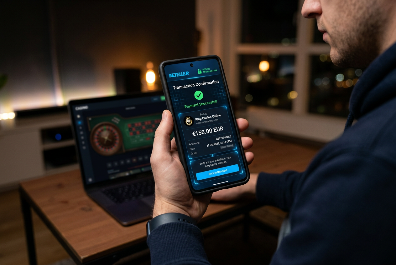 Potvrzení bezpečné transakce Neteller na displeji chytrého telefonu