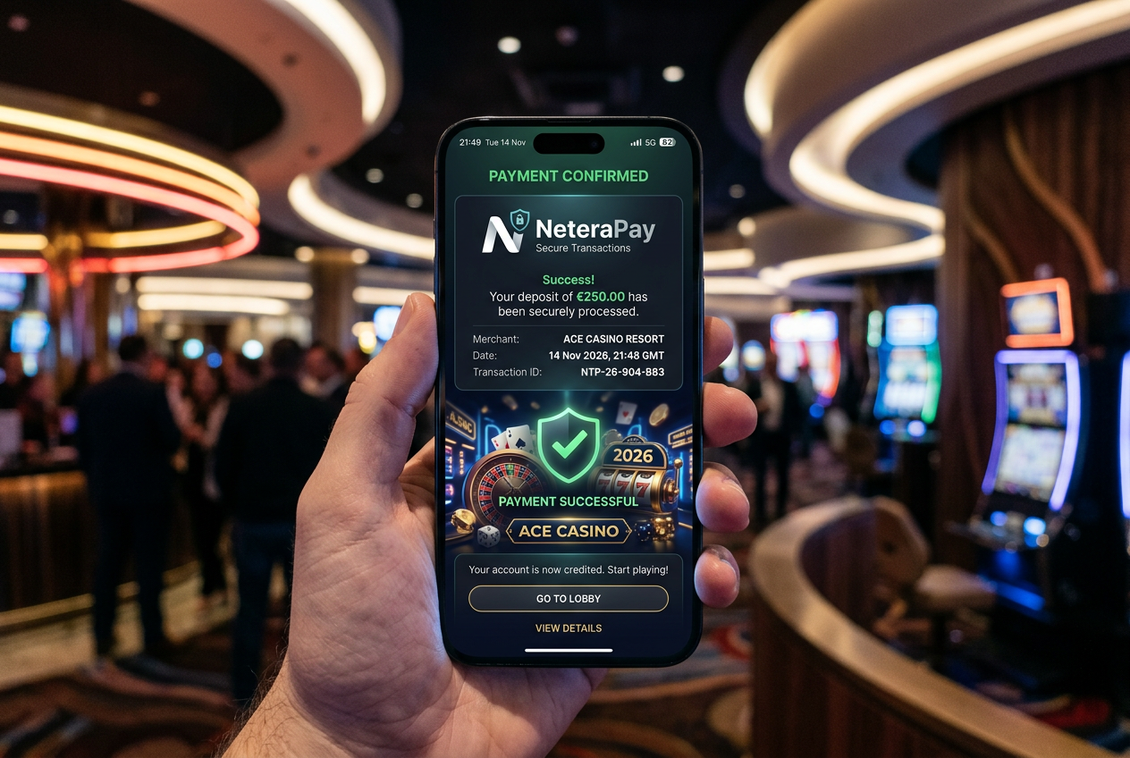Mobilní telefon zobrazující bezpečné potvrzení platby NeteraPay v online casinu v roce 2026